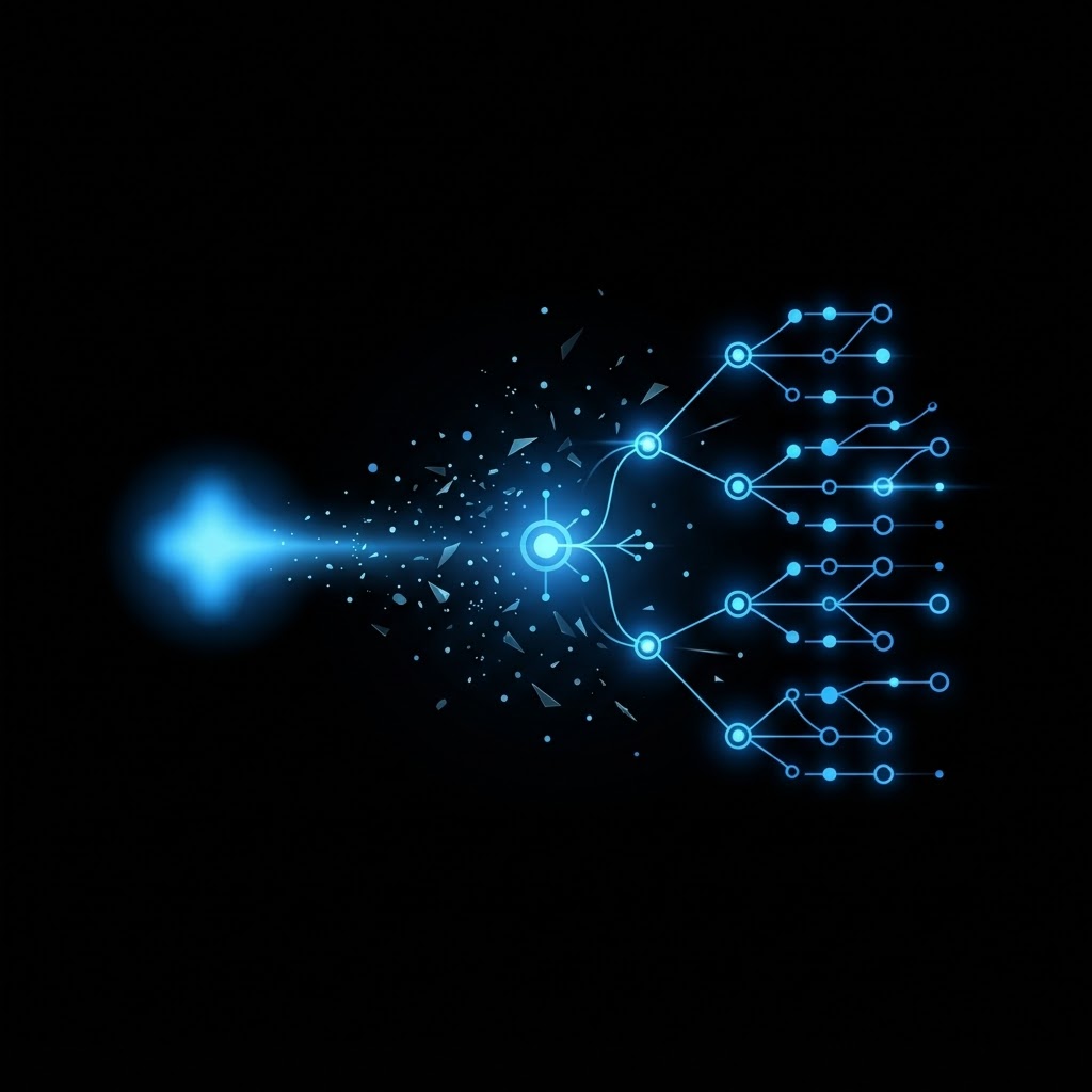 Ilustración de una IA convirtiendo fragmentos sueltos en un diagrama organizado, en azul sobre fondo negro.