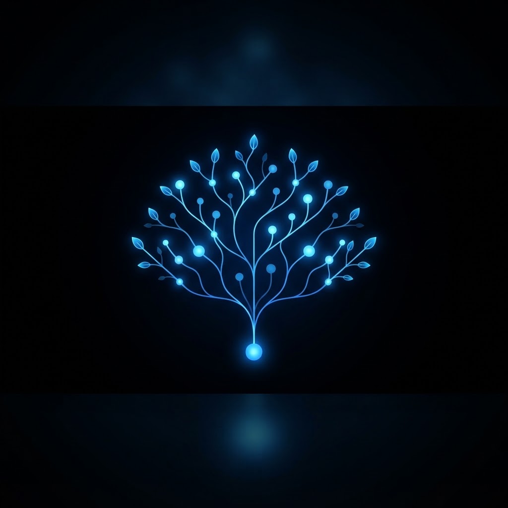 Ilustración de un diagrama de árbol que crece desde una raíz con ramas y nodos azules sobre fondo negro.