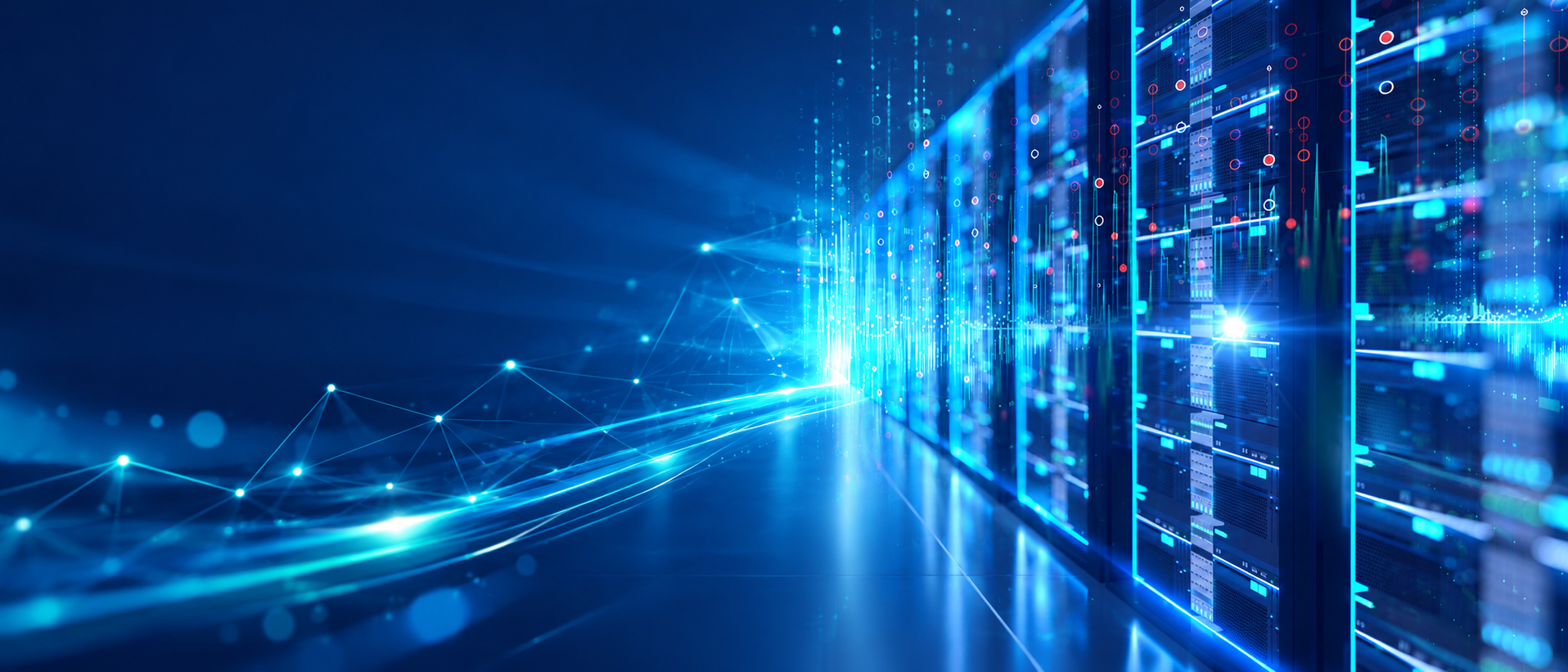 Futuristic data center corridor with high-density server racks and cyan-blue LED lighting