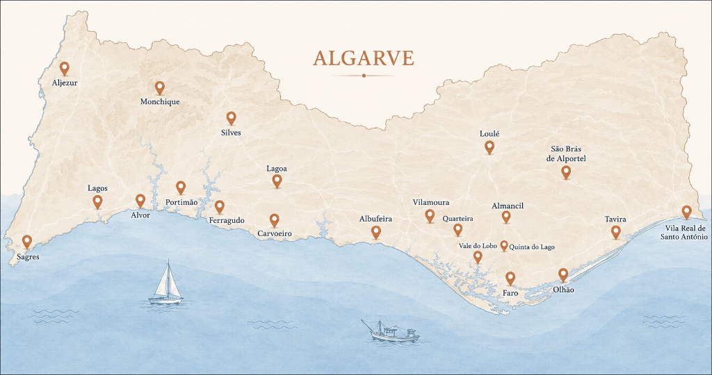 Geographic map of the Algarve region in Portugal showing served cities