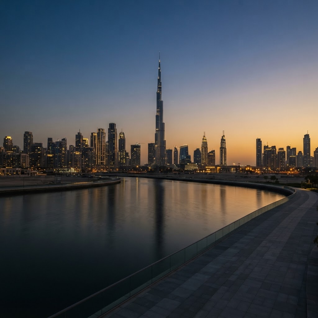 Black Knights officer overlooking the Dubai skyline at dusk