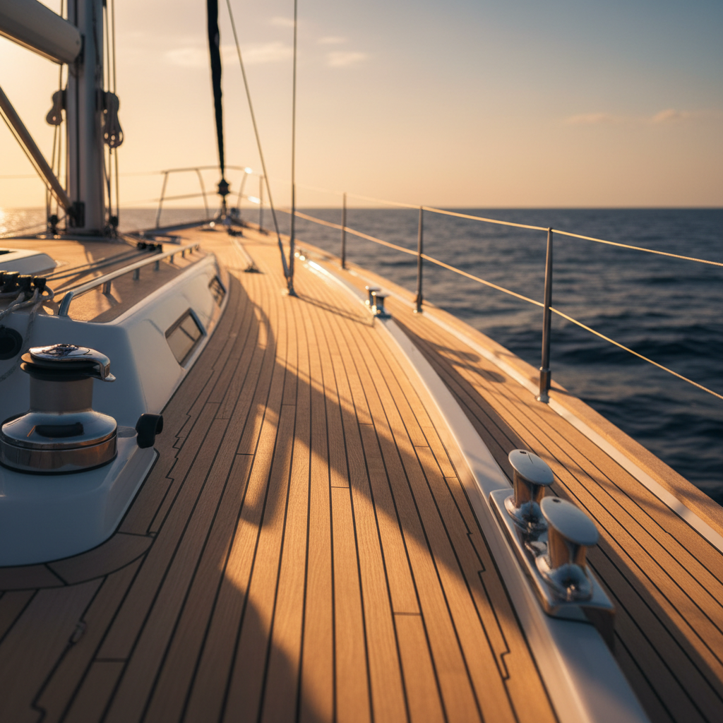 Teak deck of a modern sailing yacht catching golden hour light against the ocean horizon