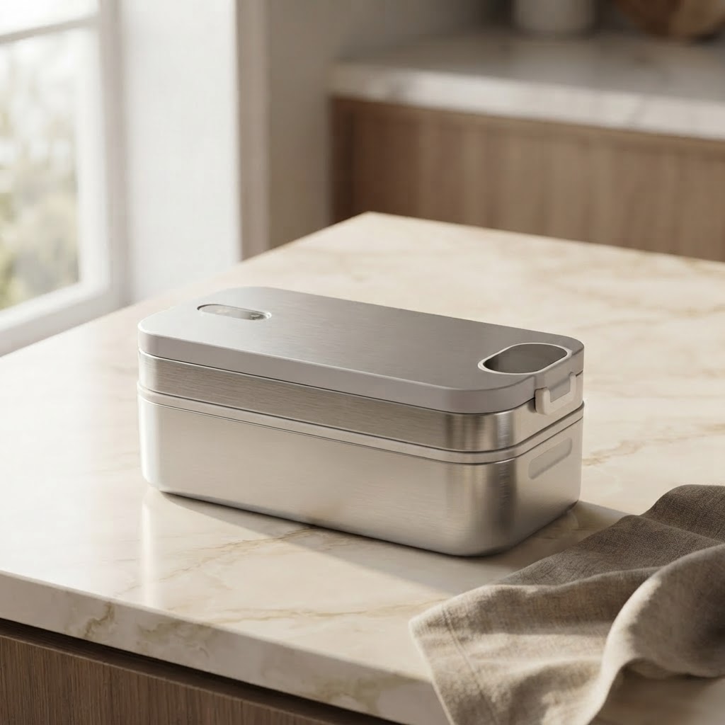Heated food container on a warm marble kitchen counter