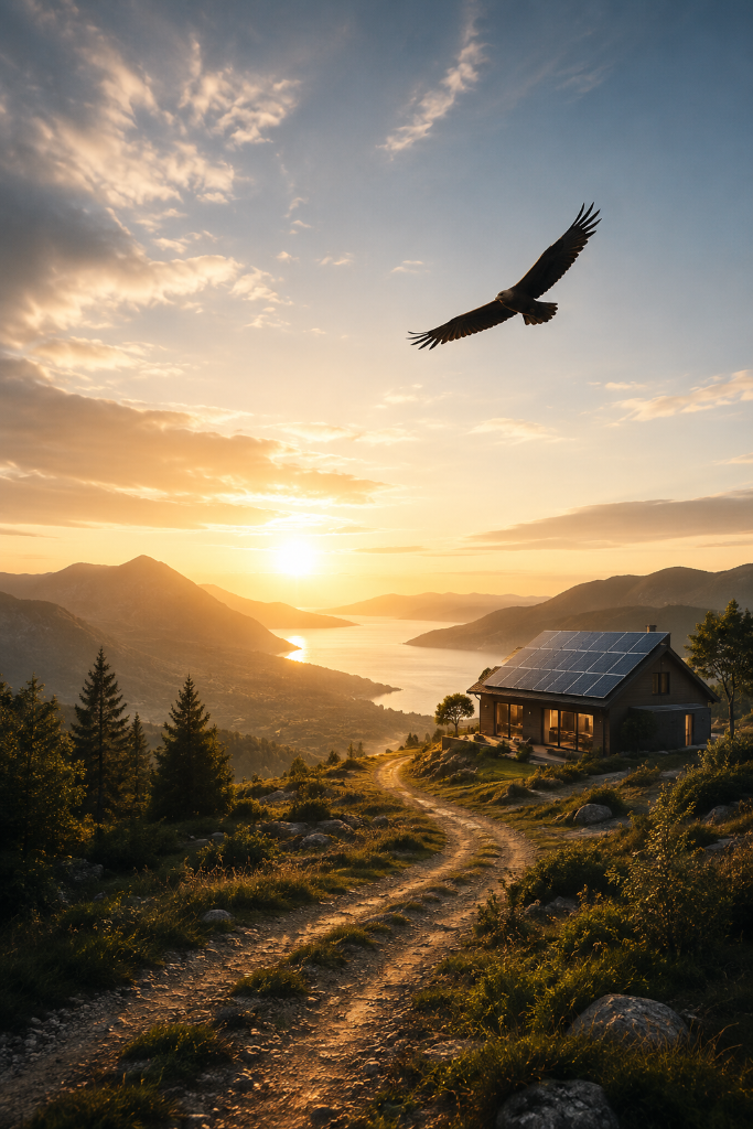 Off-grid huis met zonnepanelen aan het water bij zonsondergang