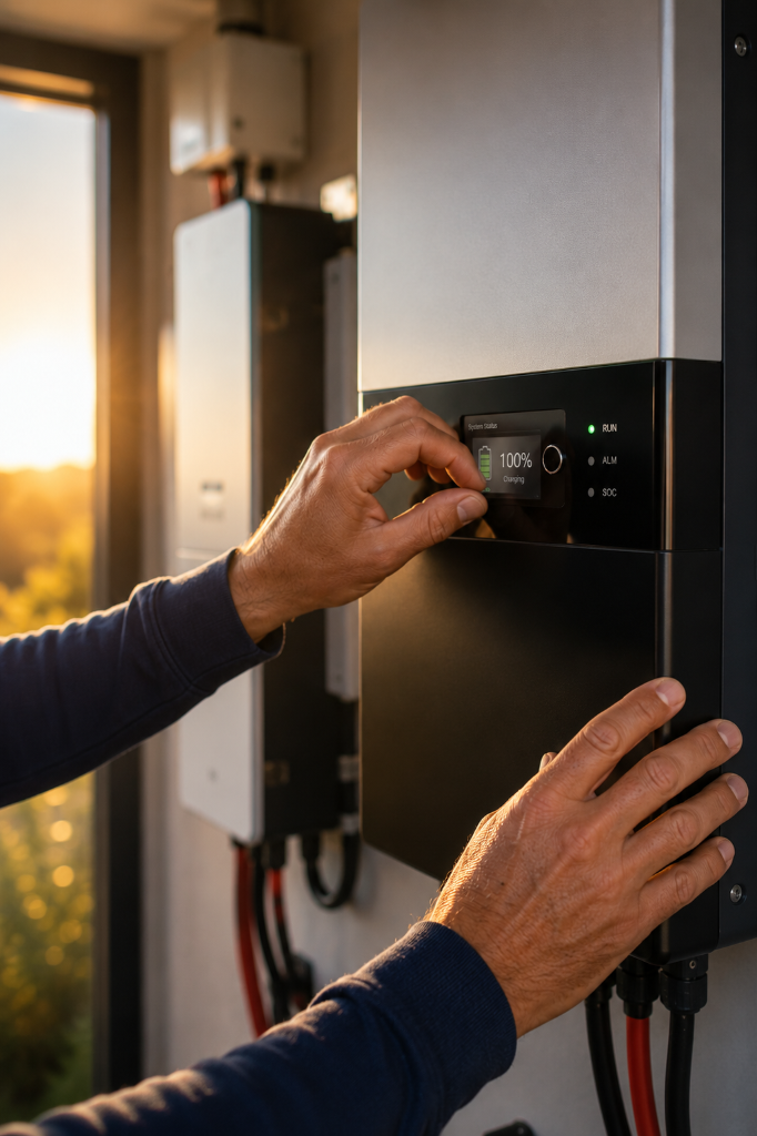 Henk Nico bij een PylonTech batterij-inverter met digitale display