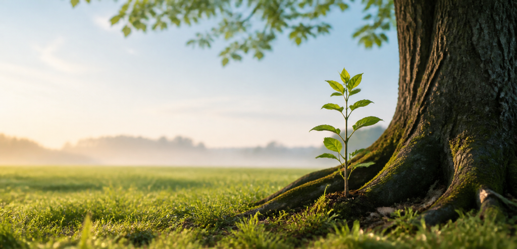 A young sapling growing in the shelter of a mature tree — new Jewish life nurtured by established roots