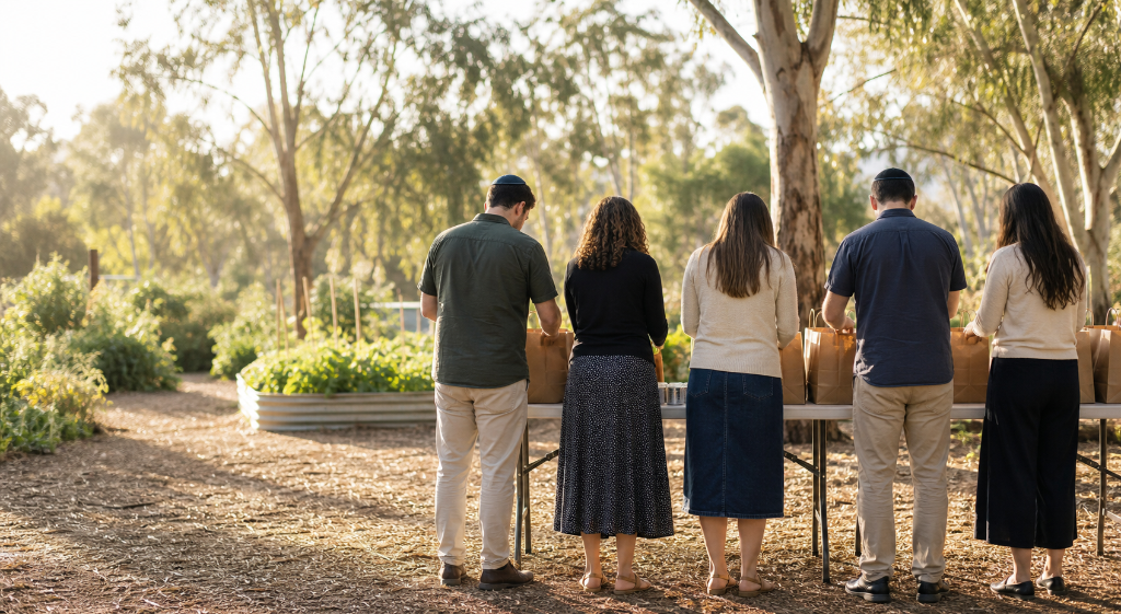 Volunteers packing food bags for the Hands of Kindness program at a community garden