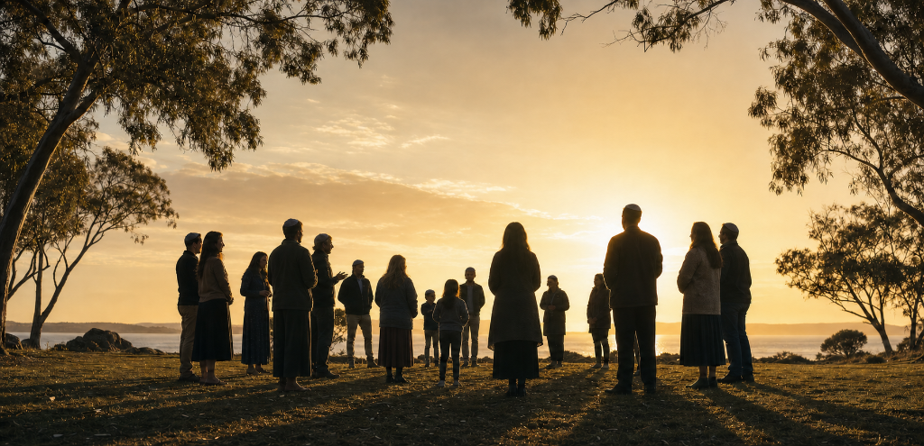 A modest Jewish community gathering on the Central Coast, with men, women, and children standing in a circle outdoors at sunset overlooking the ocean