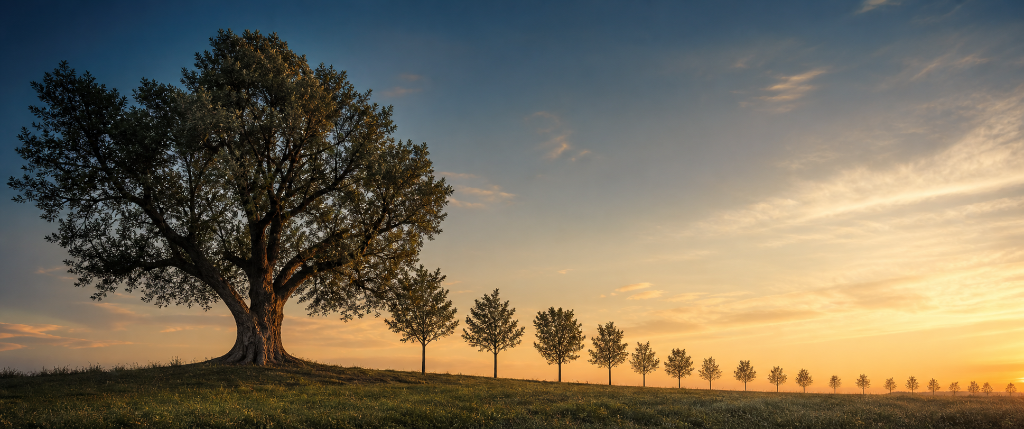 A mature tree beside a line of younger trees reaching toward the sunset horizon — a lasting legacy for generations