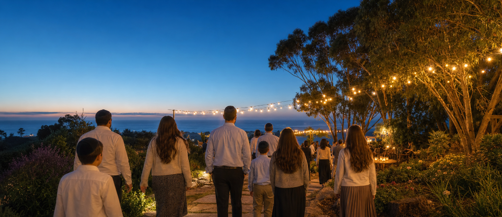 A Jewish community gathering outdoors at dusk on the Central Coast, lit by warm string lights under a twilight sky