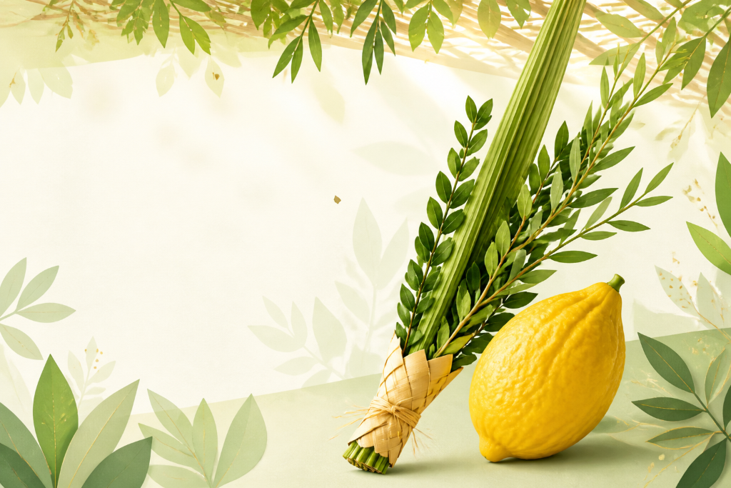 A lulav (palm frond) and etrog (citron) set on a sage-green surface with soft leafy border — Sukkot 2026