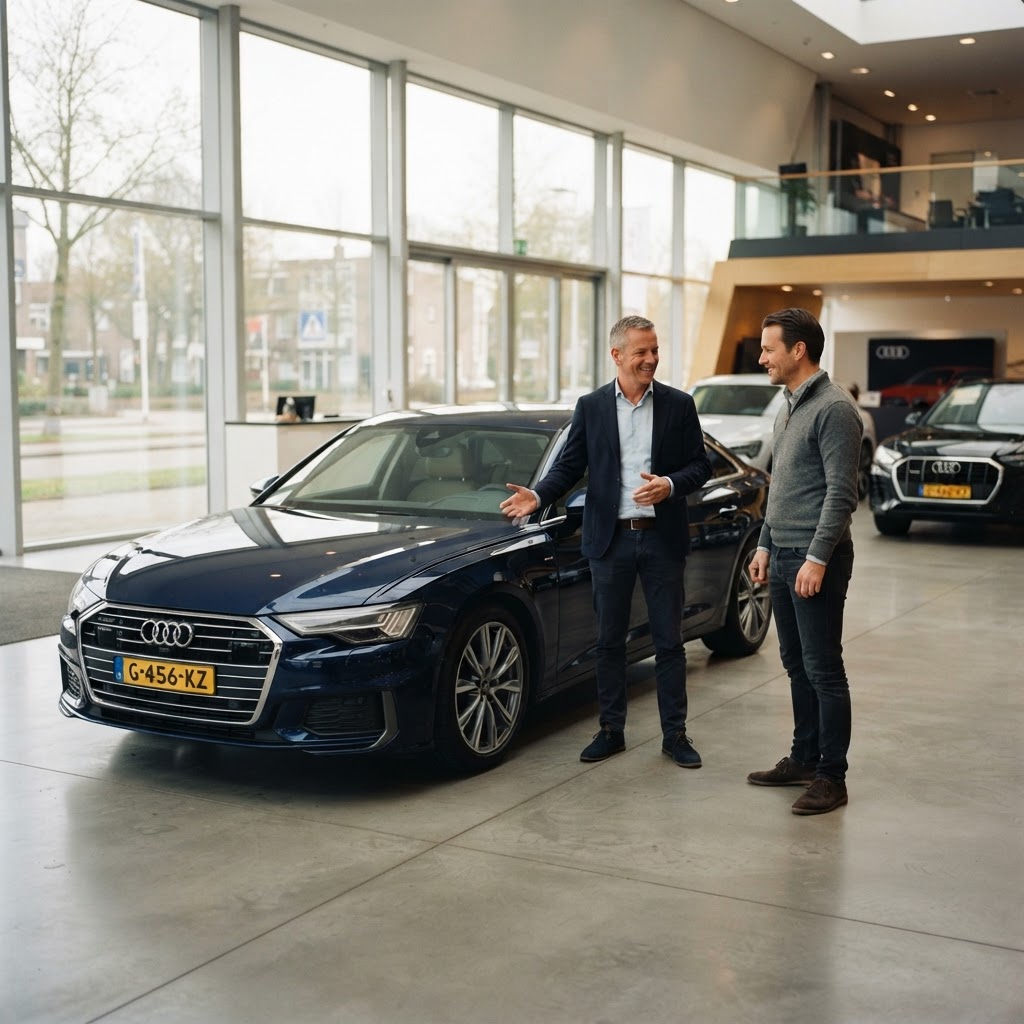 Twee adviseurs in gesprek naast een premium auto in de showroom