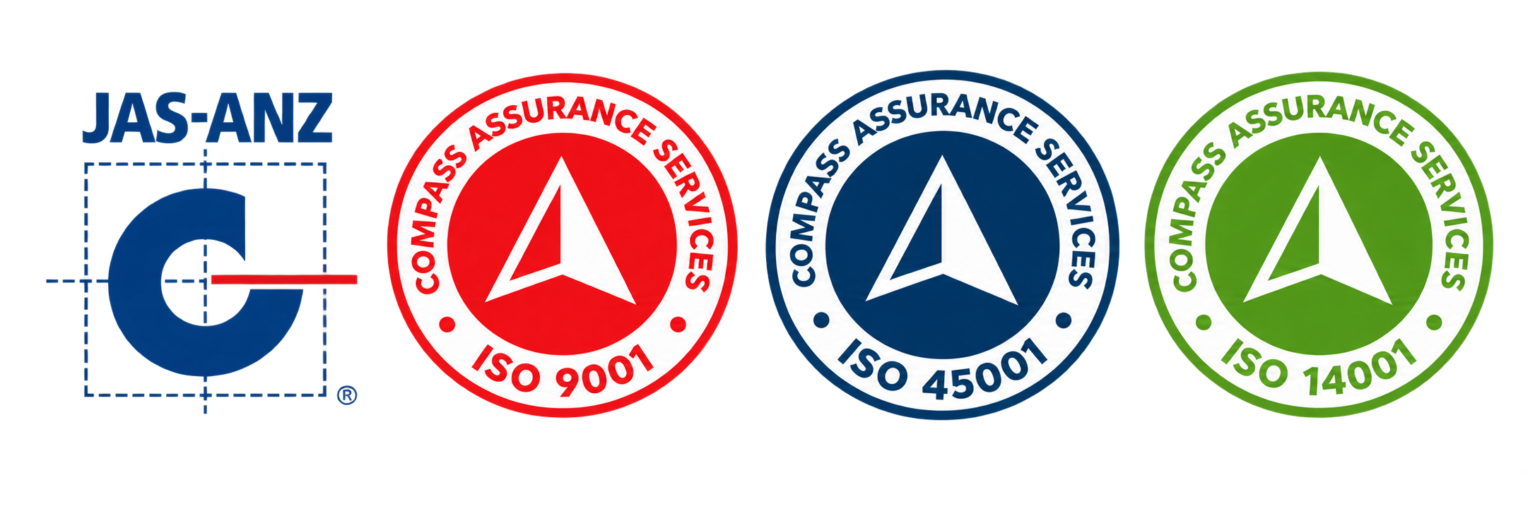 JAS-ANZ accreditation and Compass Assurance Services ISO 9001, ISO 14001 and ISO 45001 certification logos