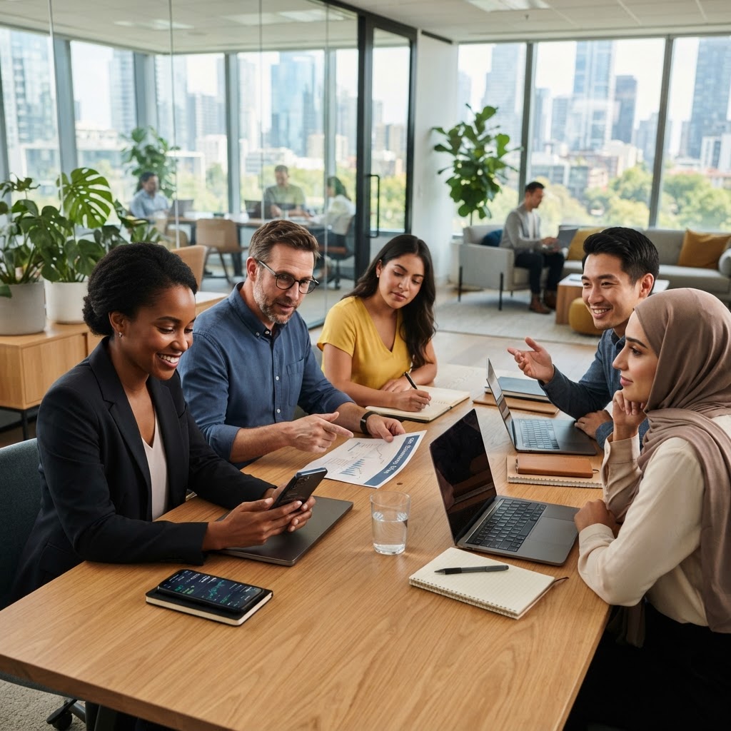Professionals collaborating using FNCO in a modern office