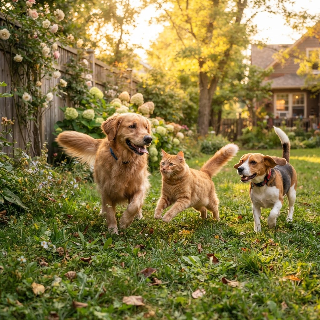 Happy cat and dogs wagging tails