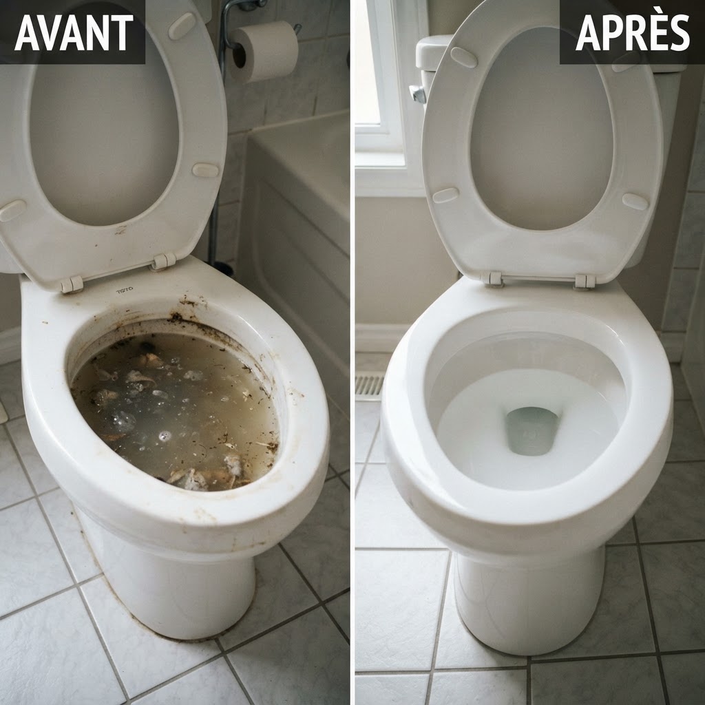 Avant / après débouchage de WC bouché par un plombier en Seine-et-Marne
