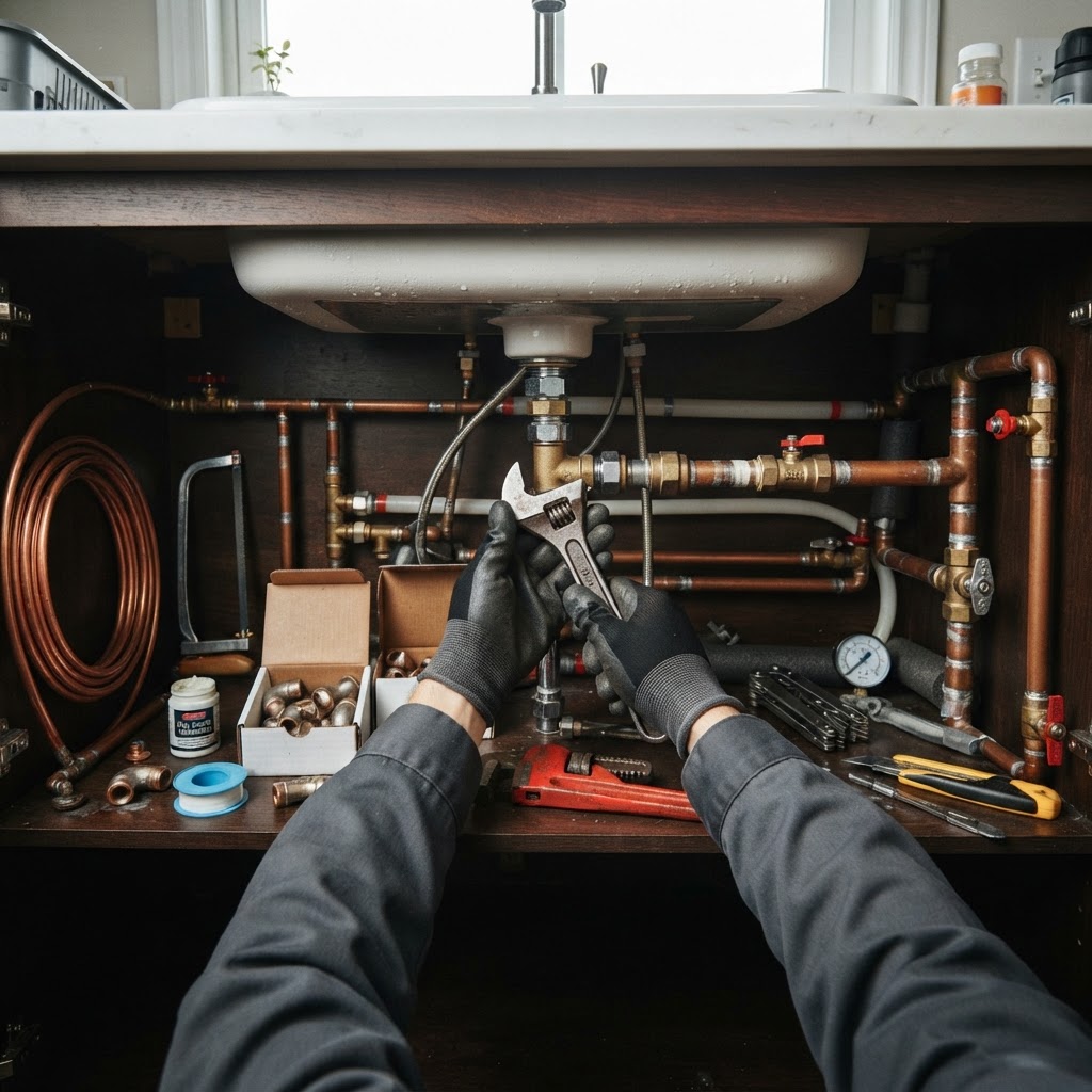Plombier en plein travail réparant une installation en Seine-et-Marne 77