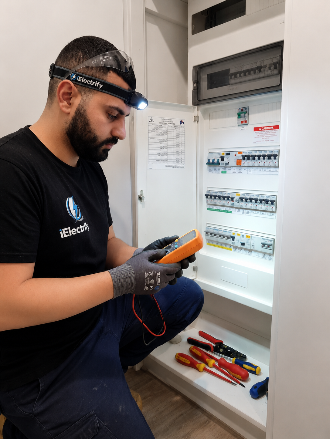 iElectrify licensed electrician inspecting a residential switchboard in Melbourne
