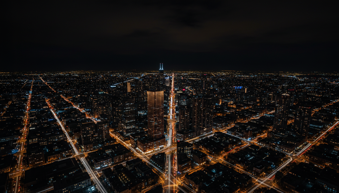 Melbourne cityscape at night with light trails resembling electrical currents
