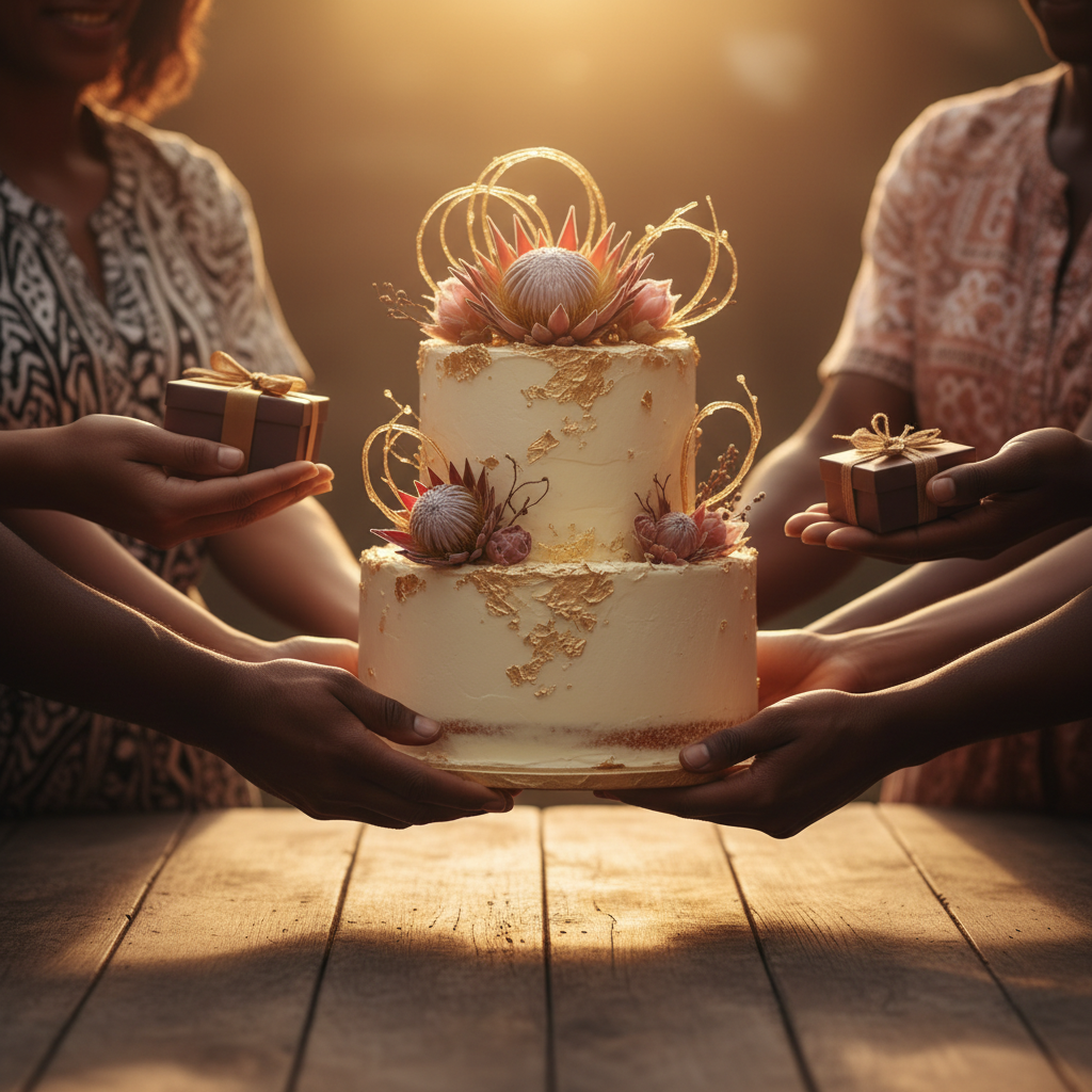 Hands decorating a birthday cake with love