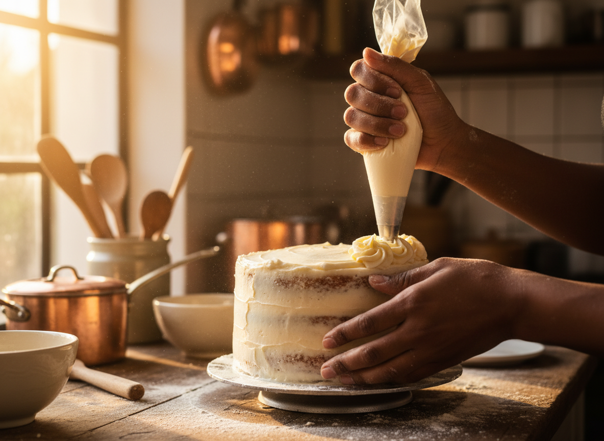 Hands carefully decorating a birthday cake with love and care
