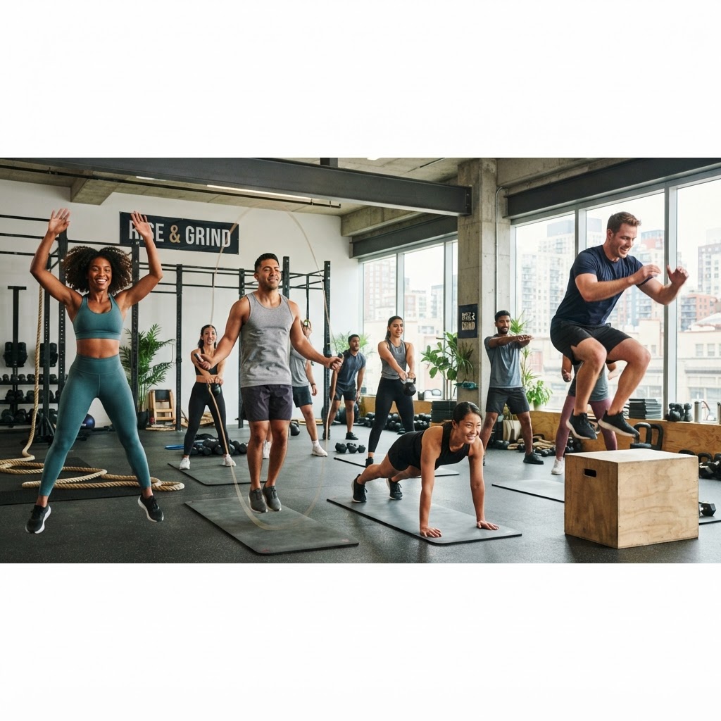 Diverse adults in their 30s and 40s doing jumping jacks, jumping rope, and planks