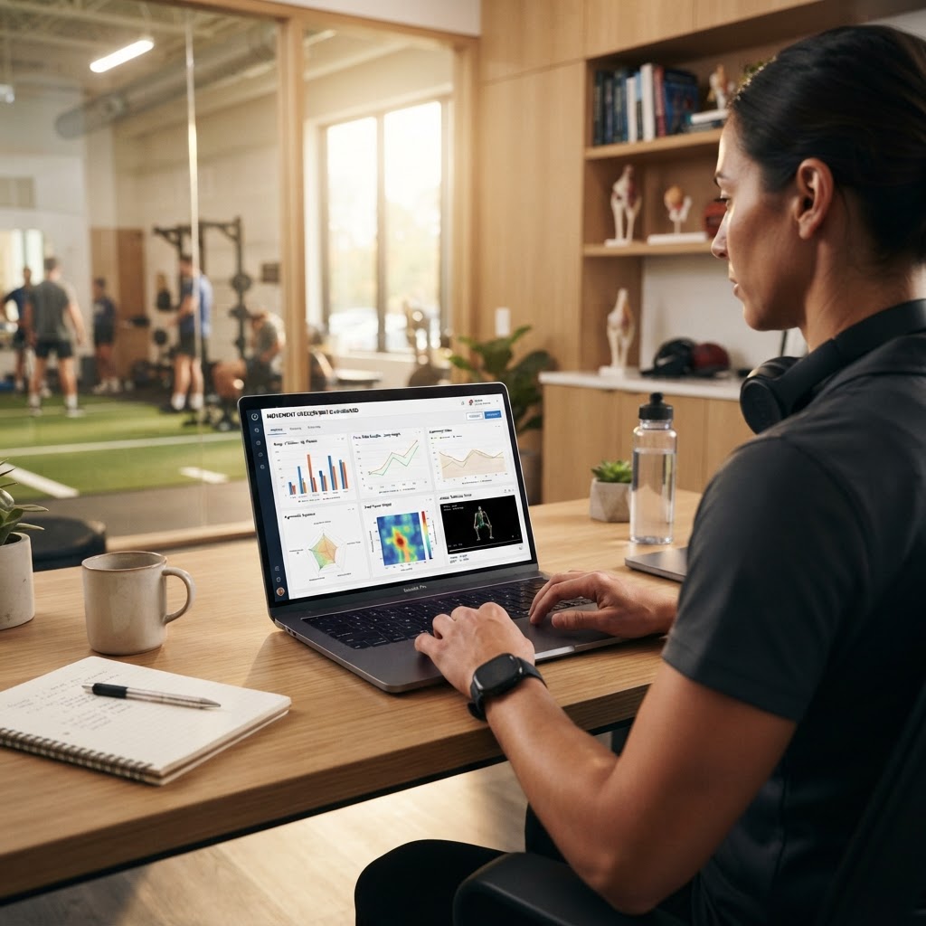 Coach reviewing movement assessment data on a laptop