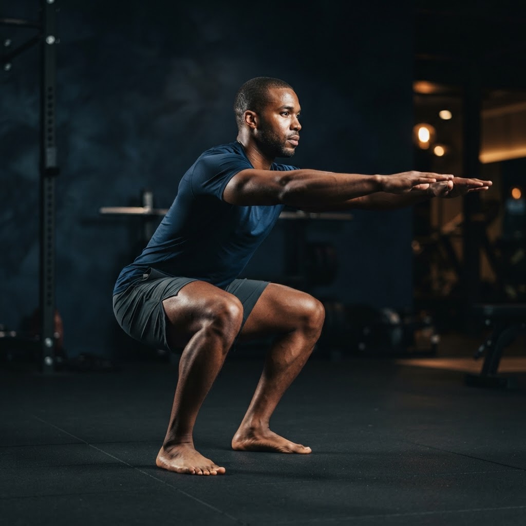 Athletic African American man performing a deep squat assessment