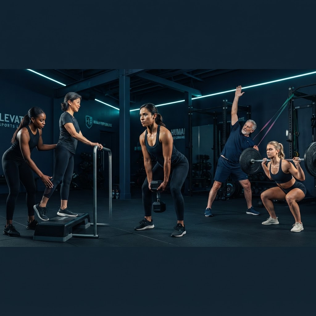 Diverse people of various ages training and rehabbing