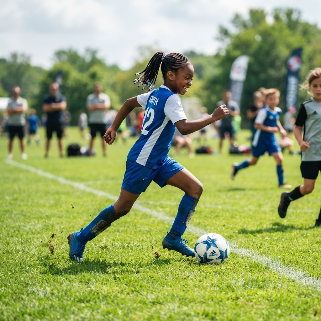 Young African American girl dribbling a soccer ball on a green field