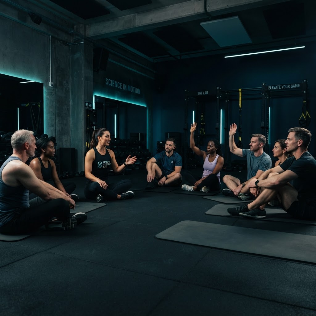 Trainer speaking with a group of clients on the gym floor