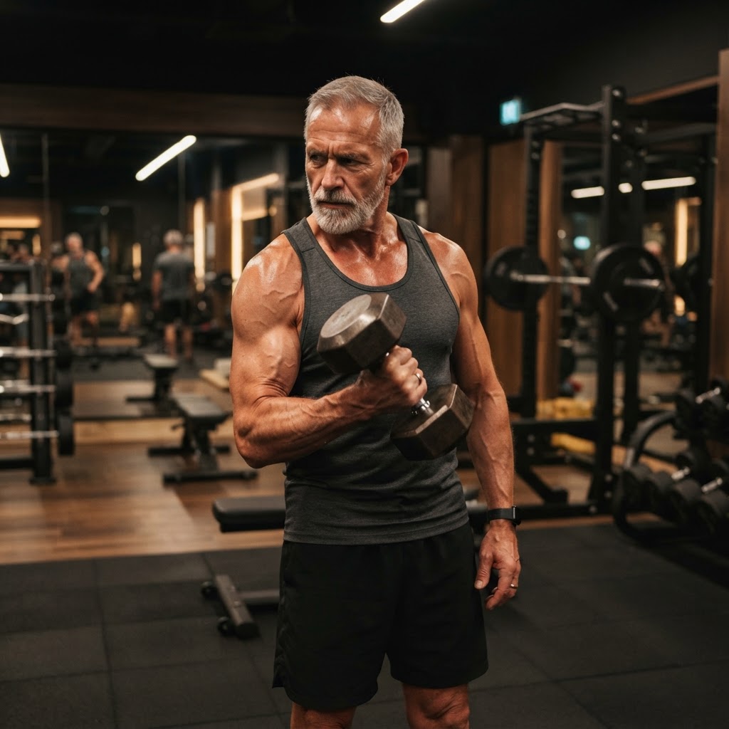 Muscular senior man doing arm curls with dumbbells