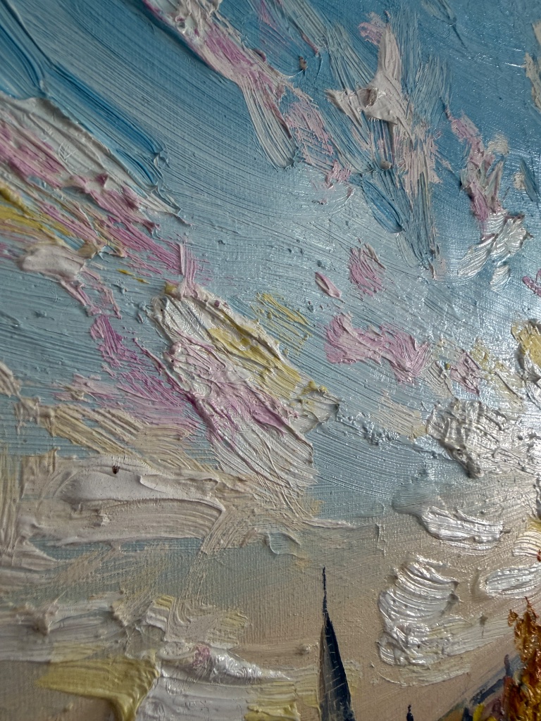Macro detail of expressive sky brushwork in oil paint