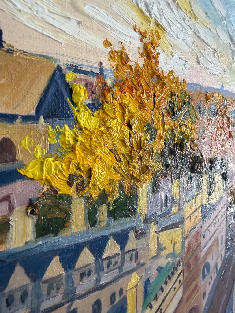 Extreme close-up of autumn foliage showing sculptural impasto oil paint texture