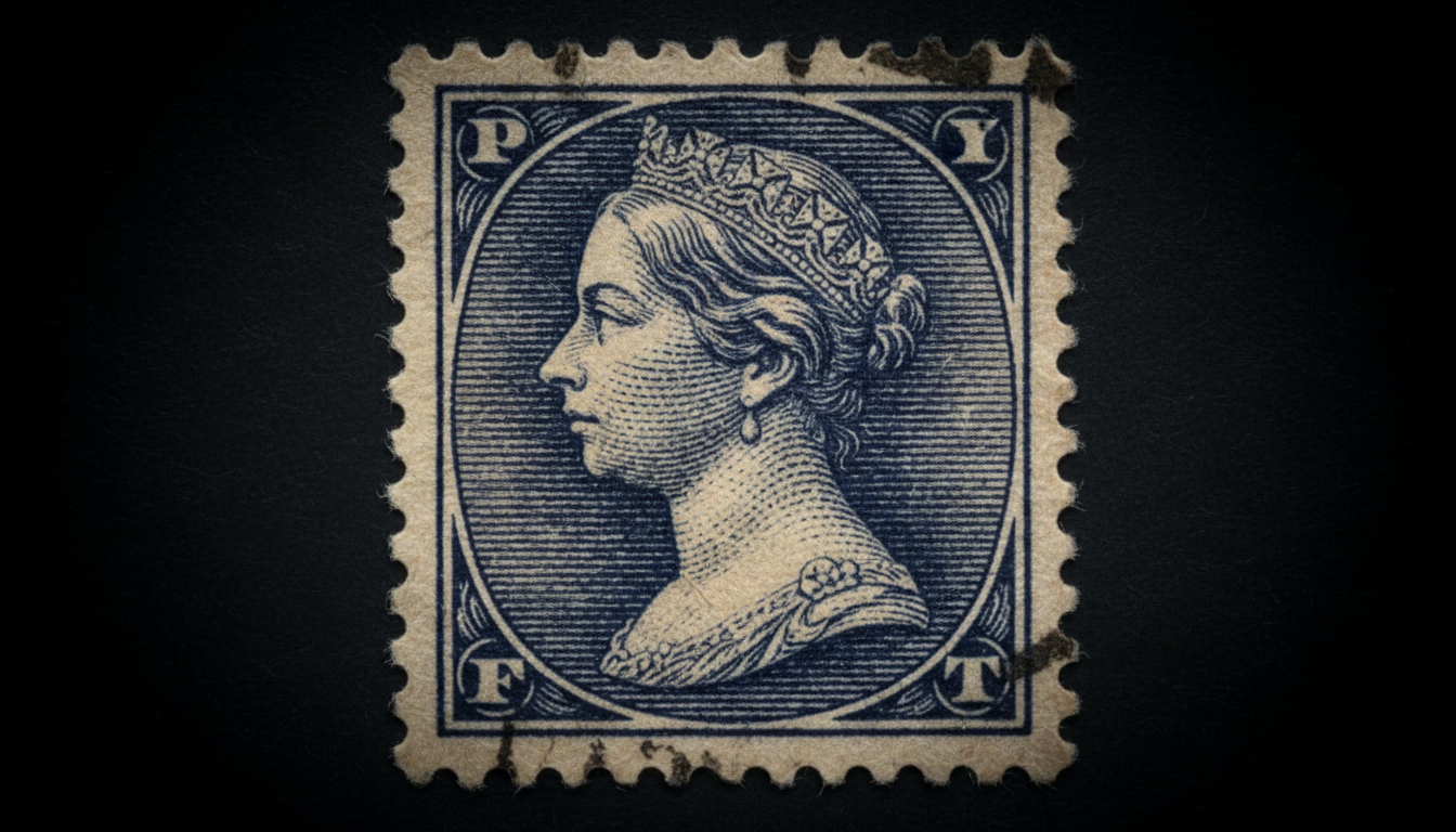 Macro close-up of a vintage Penny Black postage stamp showing serrated edges and engraving detail