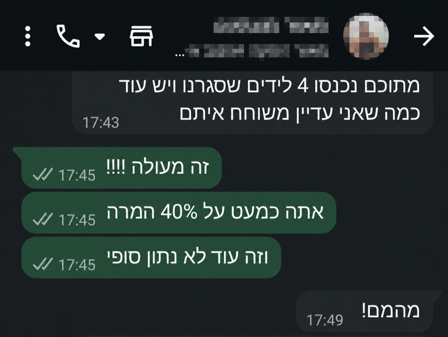 המלצה בוואטסאפ - 4 לידים שסגורים וכמעט 40% המרה