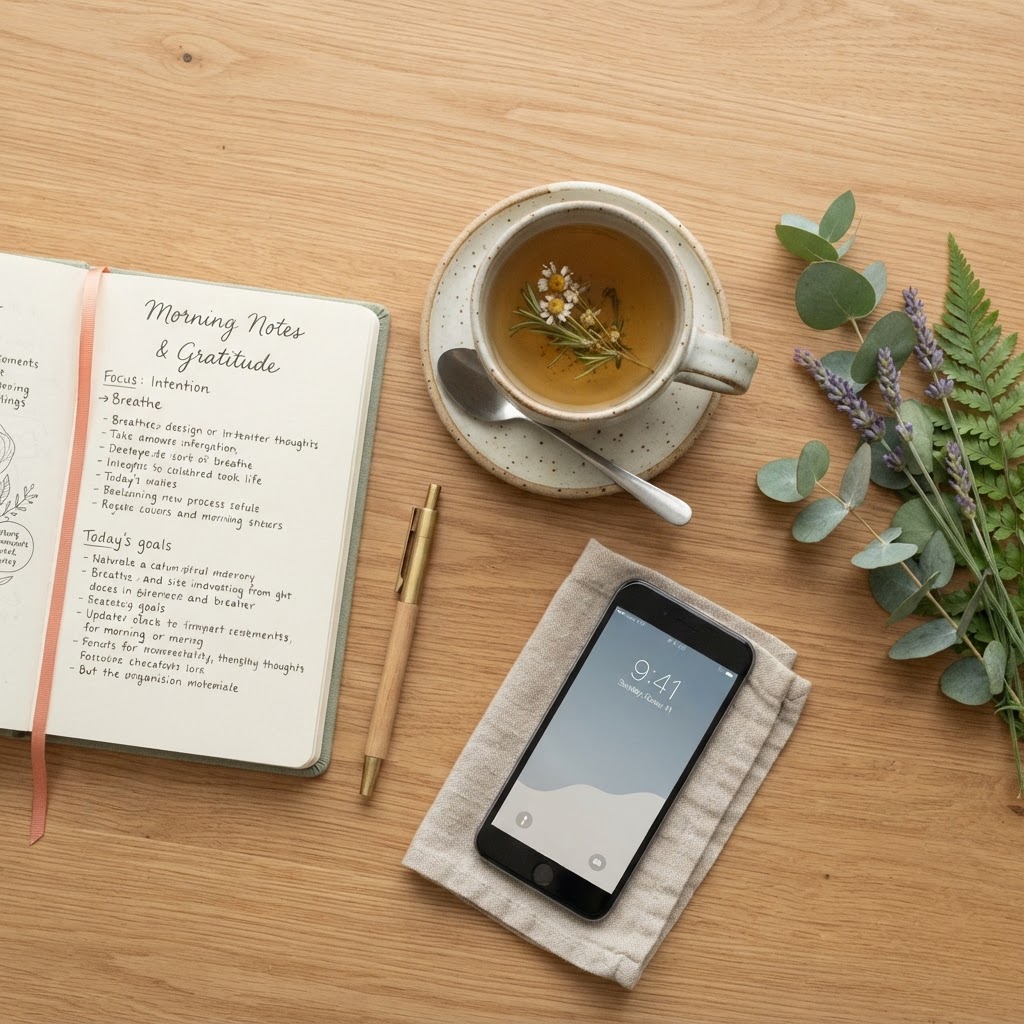 A calm, organised tabletop with a cup of tea and a phone