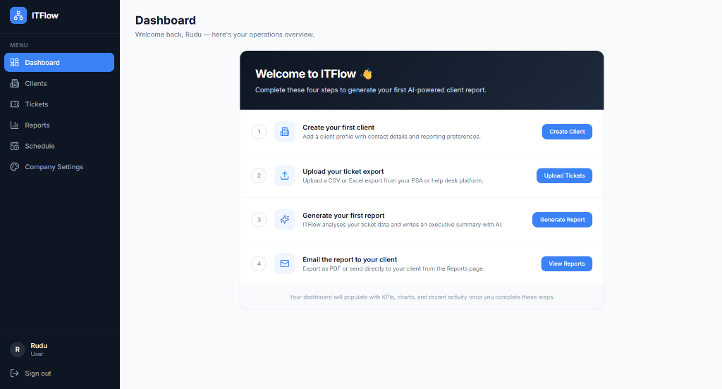 ITFlow Dashboard onboarding
