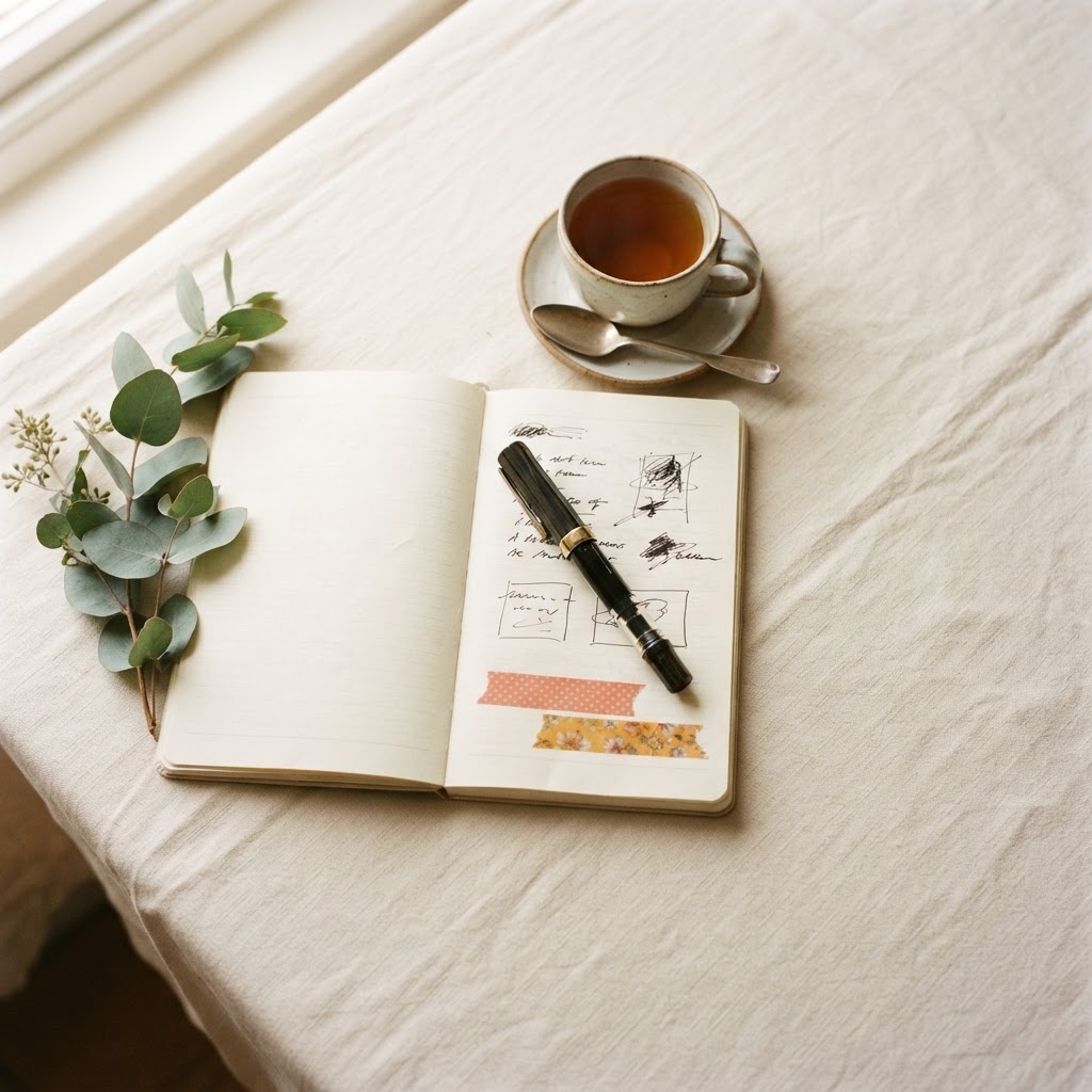 An open paper notebook, fountain pen and washi tape beside a cup of tea in morning light