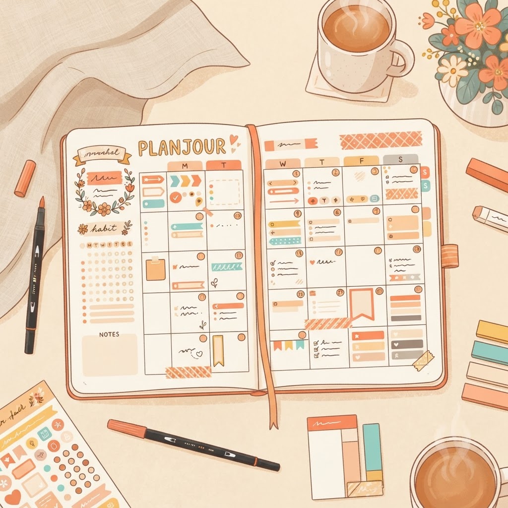 How do I use stickers and colors in PlanJour without my calendar looking chaotic?