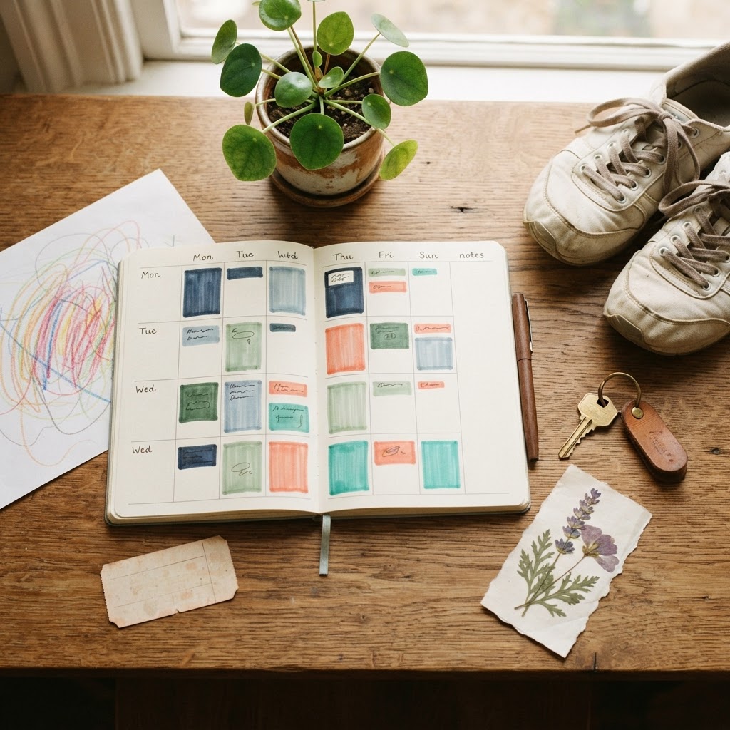A hand-drawn week planner surrounded by running shoes, a train ticket, a pressed flower and a house key