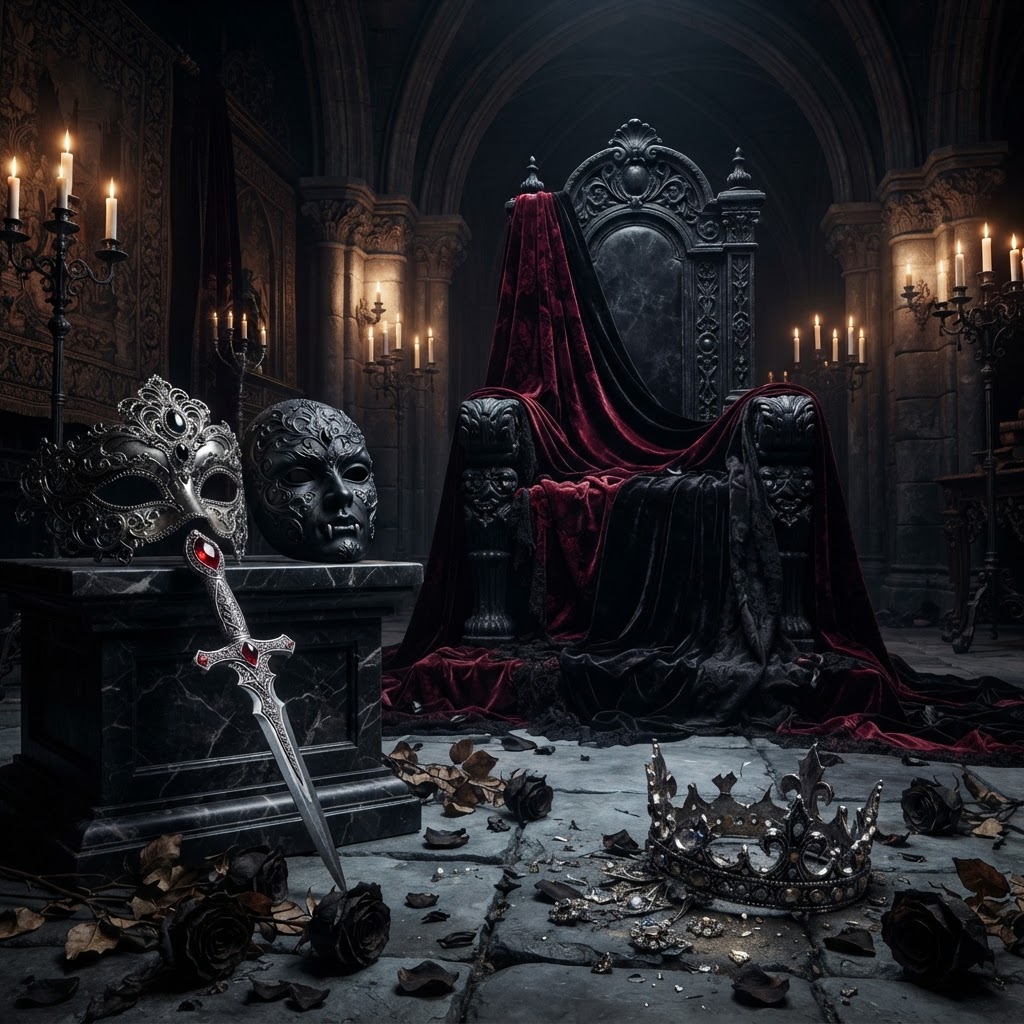 Gothic vampire court preview still life with an empty crimson-draped throne, silver dagger with ruby handle, two vampire masks, dried black roses, and a shattered crown on dark marble