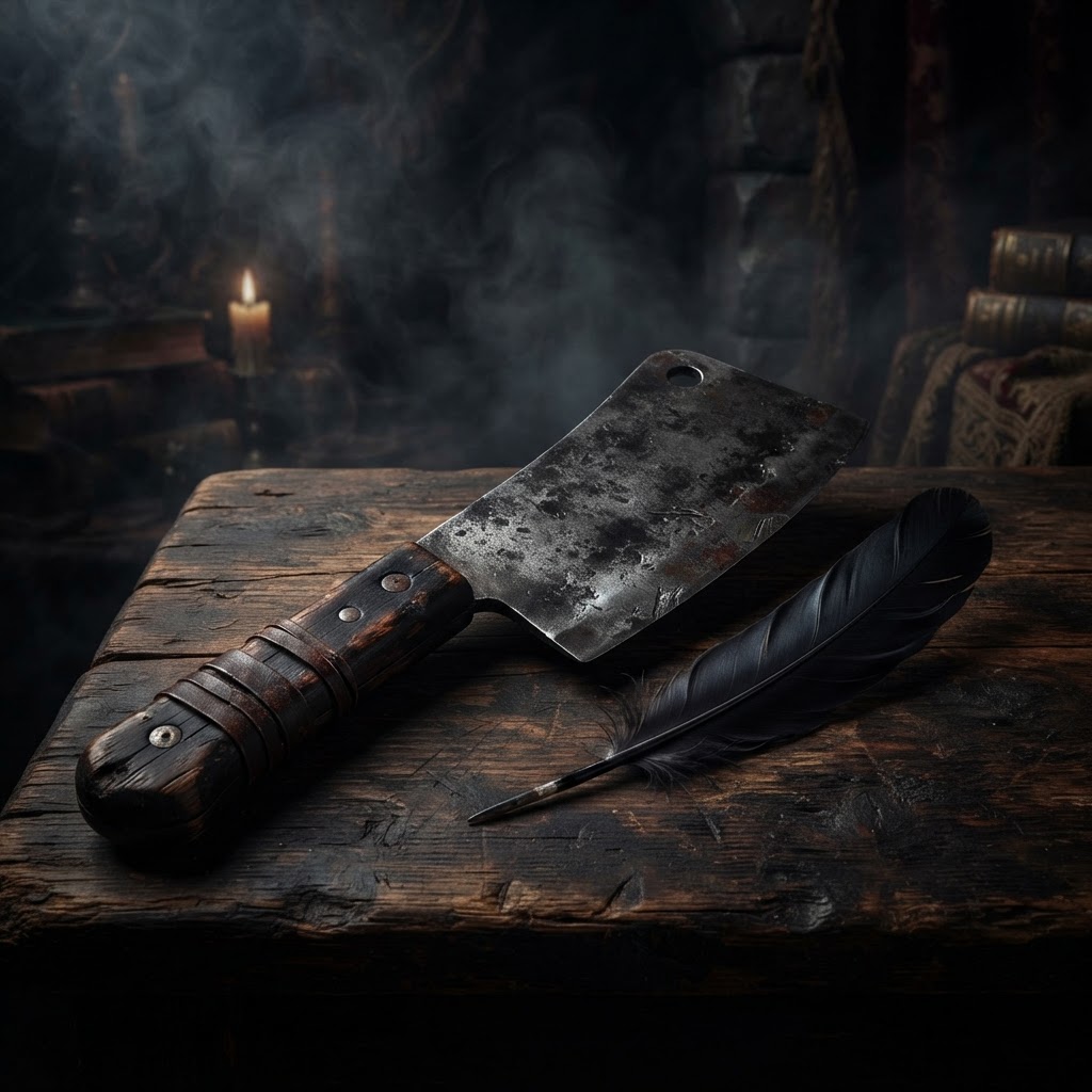 A butcher's cleaver and black feather on dark stained wood, gothic dark romance aesthetic
