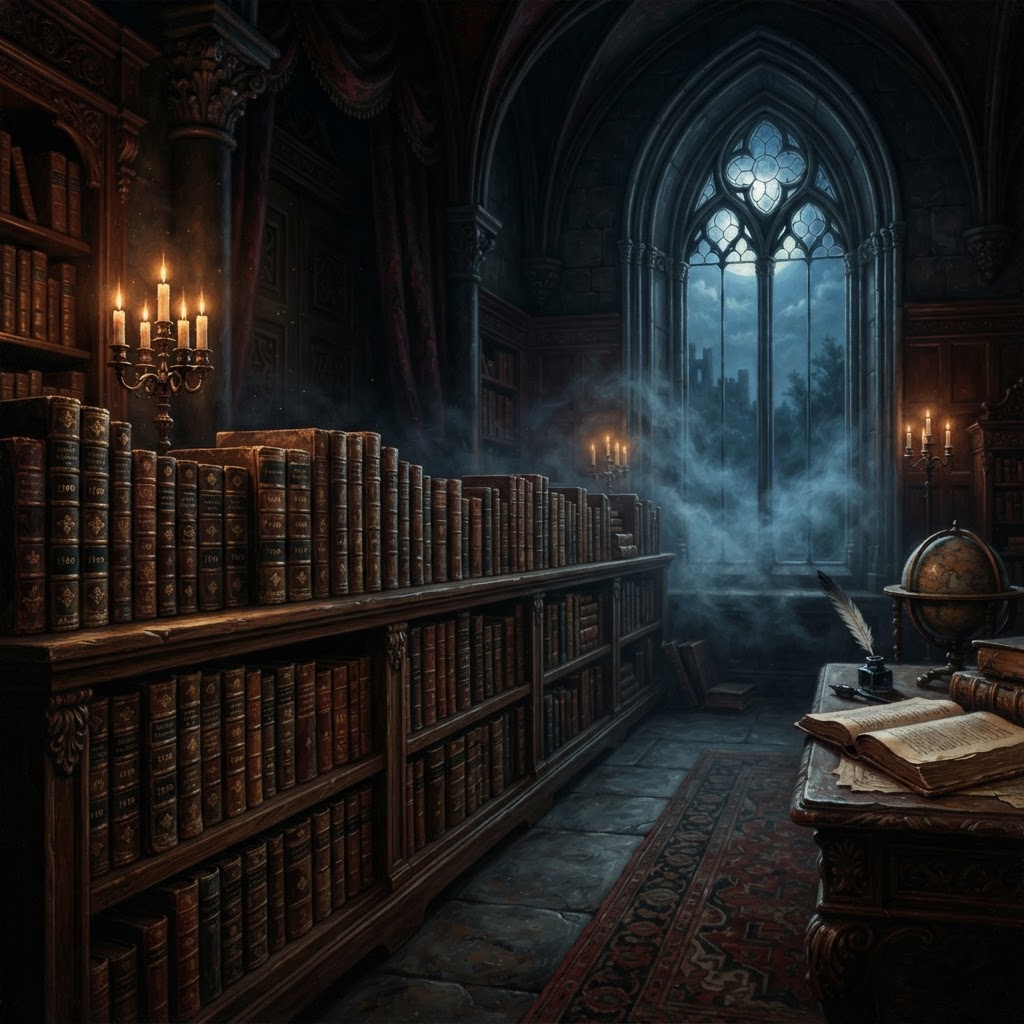 A long shelf of antique books in chronological sequence before a moonlit gothic library window