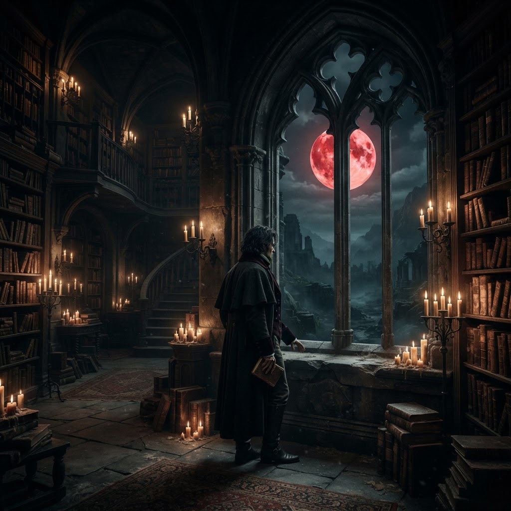 A solitary immortal figure in a dark coat standing in a candlelit gothic stone library, looking out through an arched window at a blood-red moon over a misty landscape