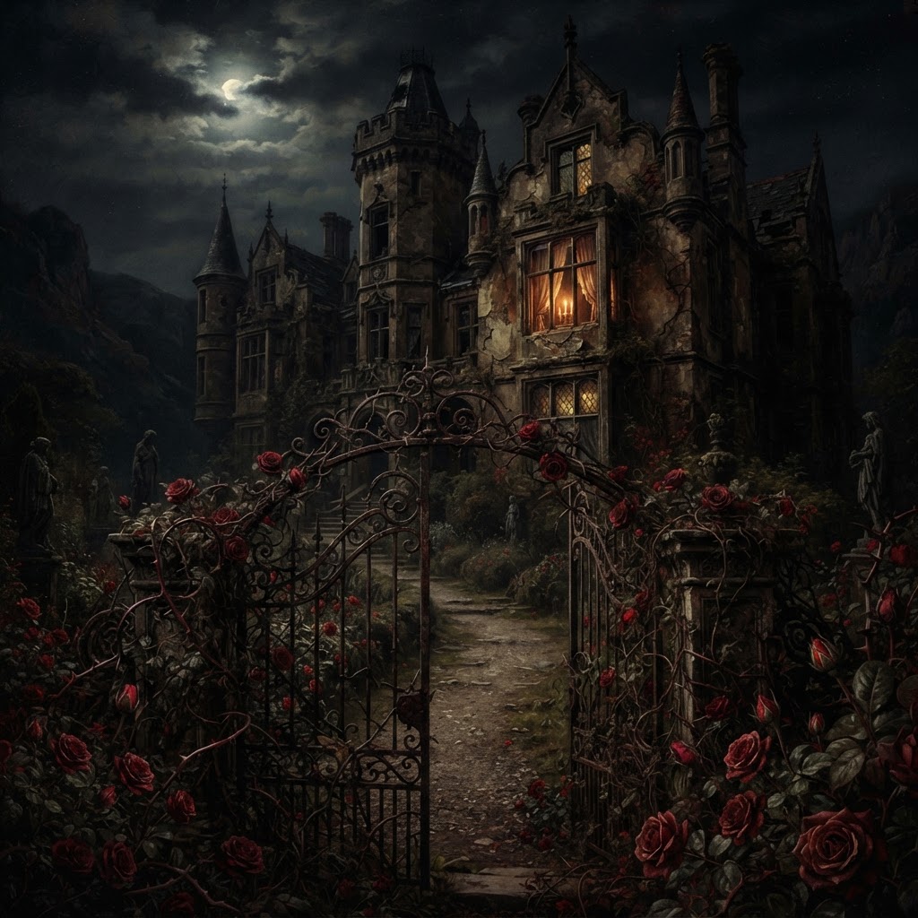 Gothic mansion at night with blood-red thorned roses, hero image for the Blood and Thorns review
