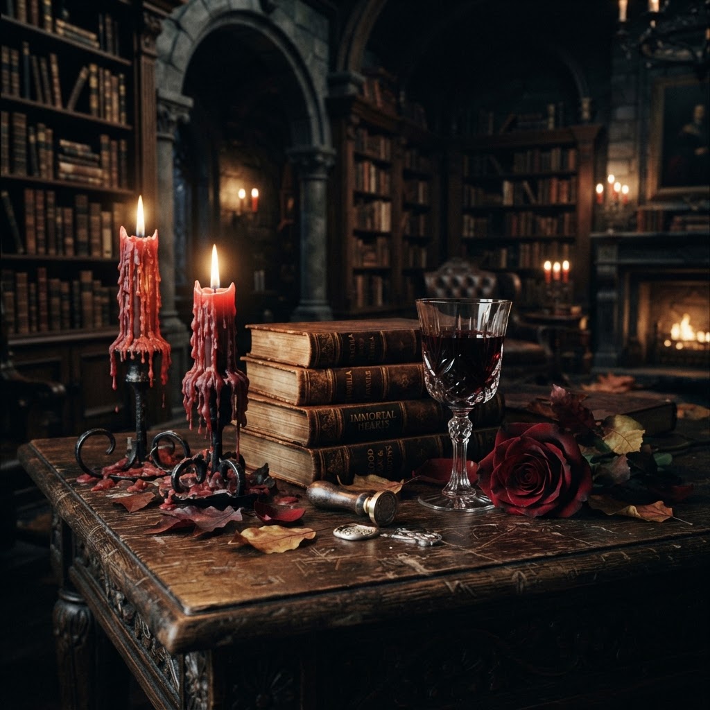 Gothic Halloween reading list still life with leather-bound vampire books, melted red candles, dried roses, and autumn leaves on a dark antique table