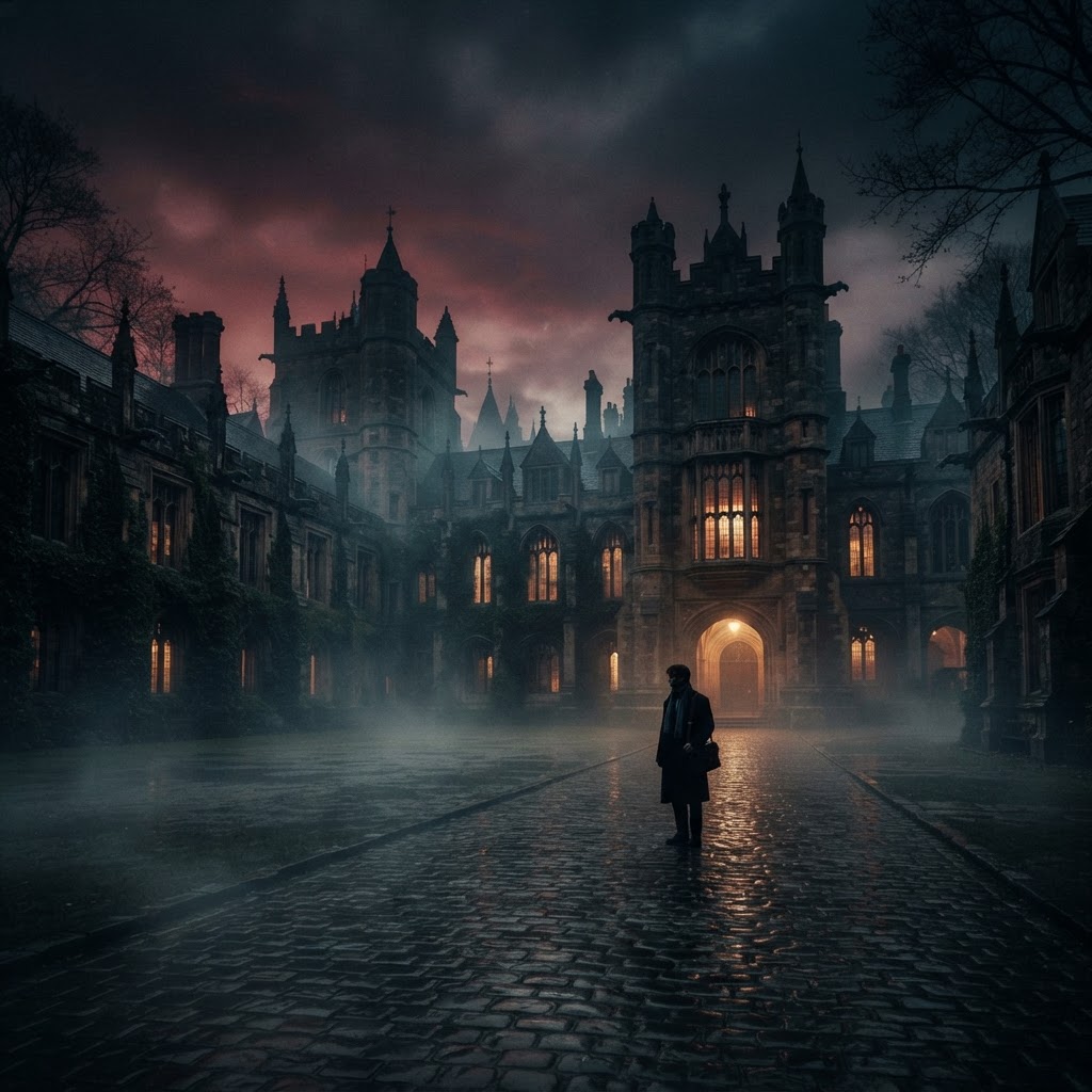 A foreboding English boarding school at dusk with a lone silhouetted figure on wet cobblestones, deep crimson and black tones with faint gold window light.