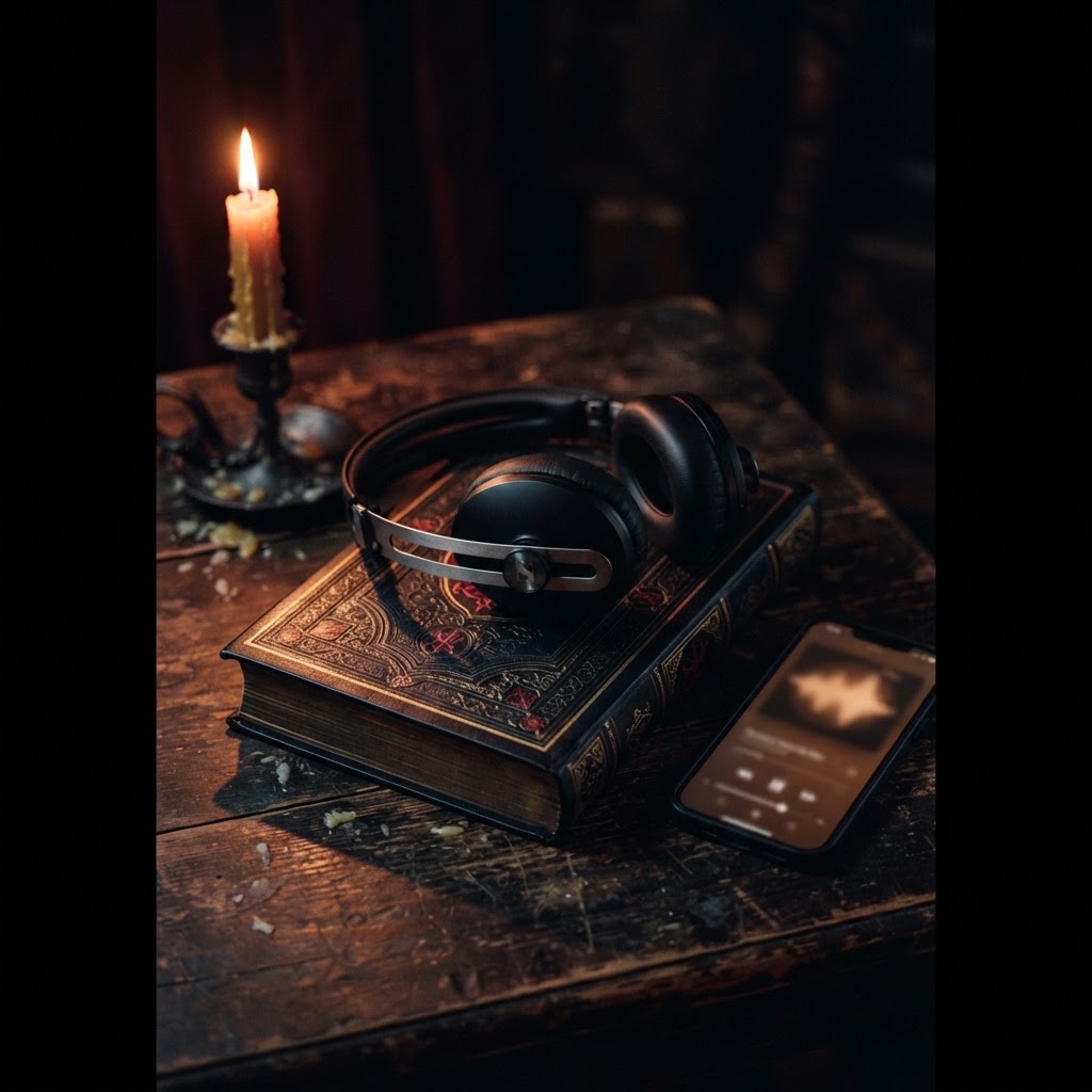 Wireless headphones resting on an ornately bound dark romance novel beside a lit candle, with a phone showing a blurred audio waveform.