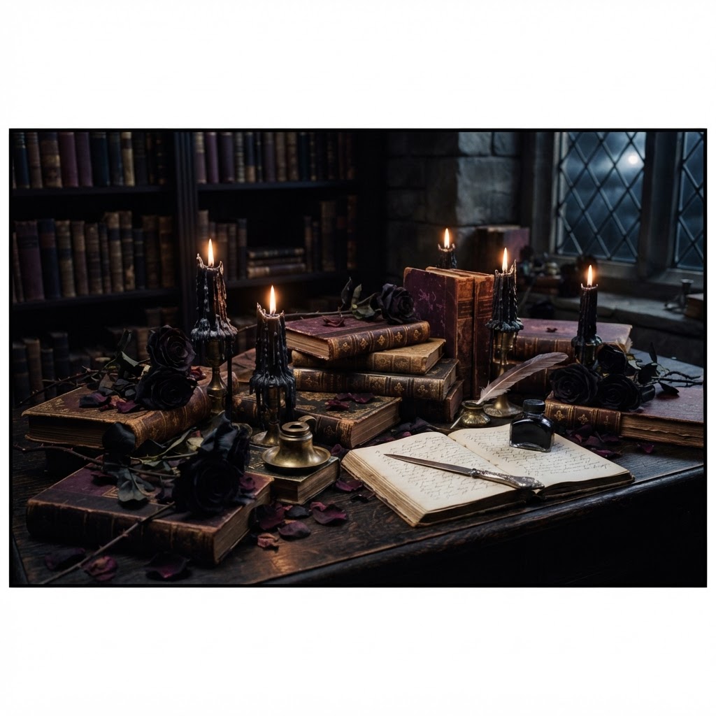 Dark romance books with candles and black roses